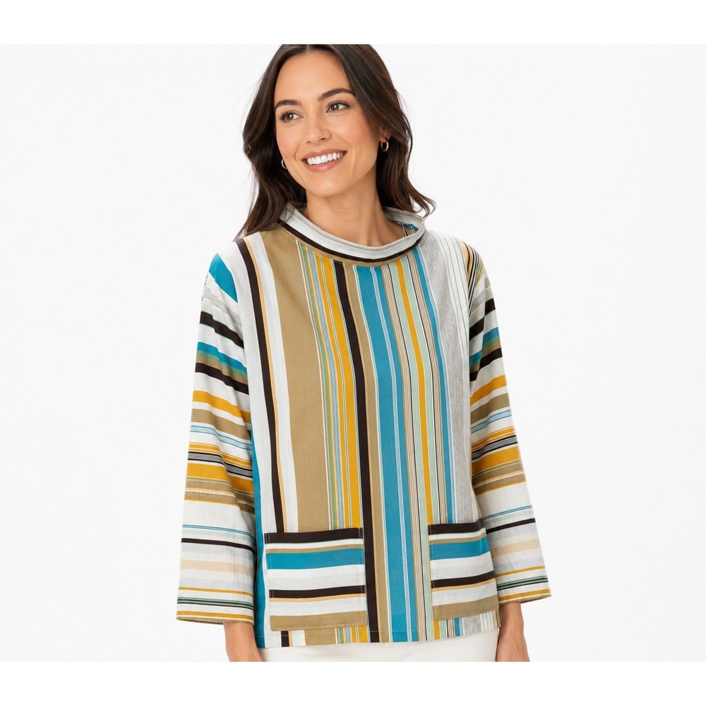 Vintage Betmar New York Striped Tunic Top Blue Yellow Cotton Blend Small